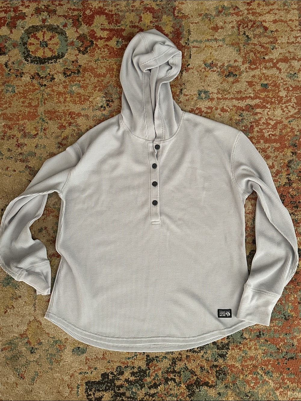Mountain Hardwear Light Gray Waffle-Knit Hooded Henley Sweatshirt